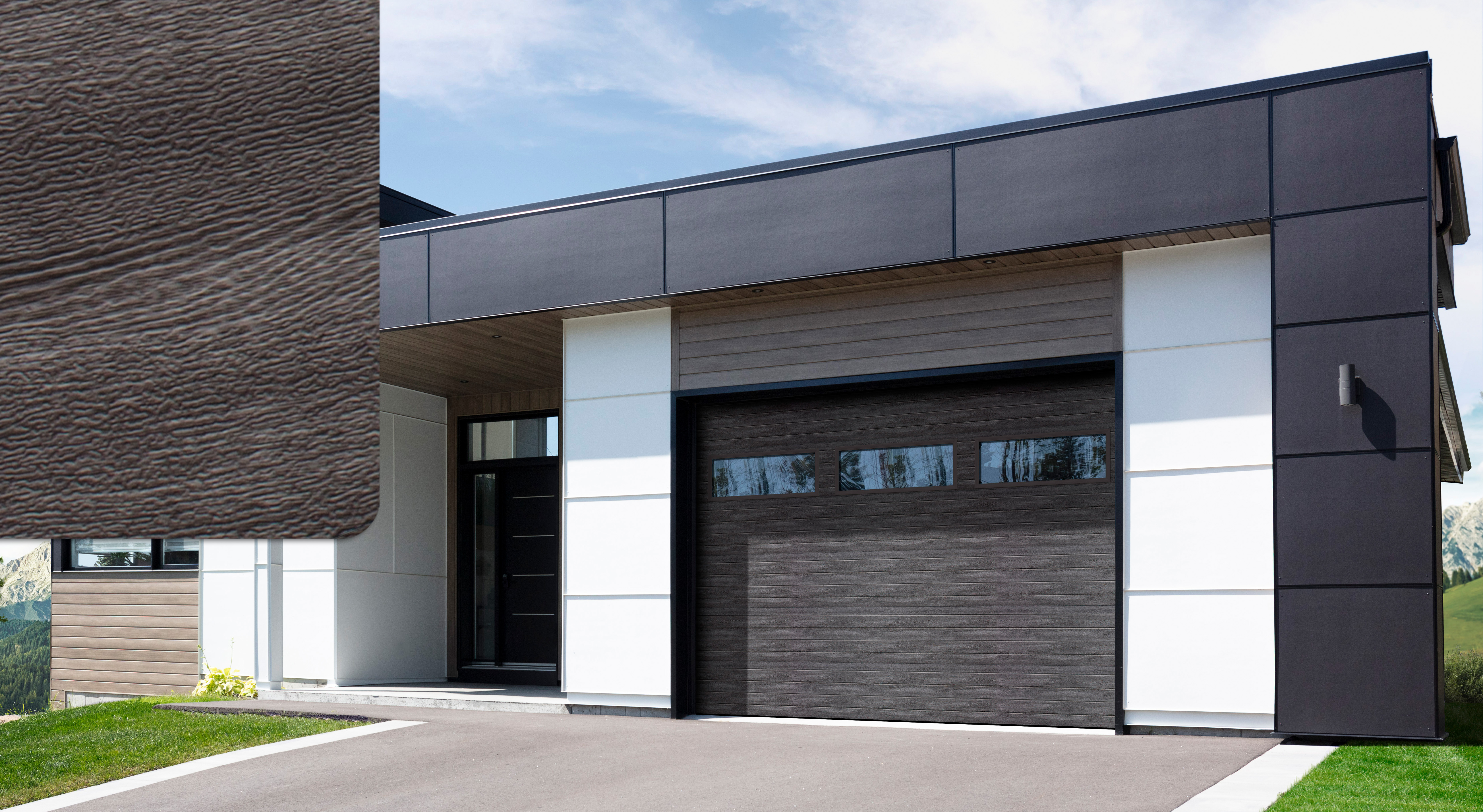 Maison moderne avec une porte de garage Regal Moderno Echo, 12' x 9' de couleur Gris patiné Faux bois avec des fenêtres Clair avec un échantillon Gris patiné