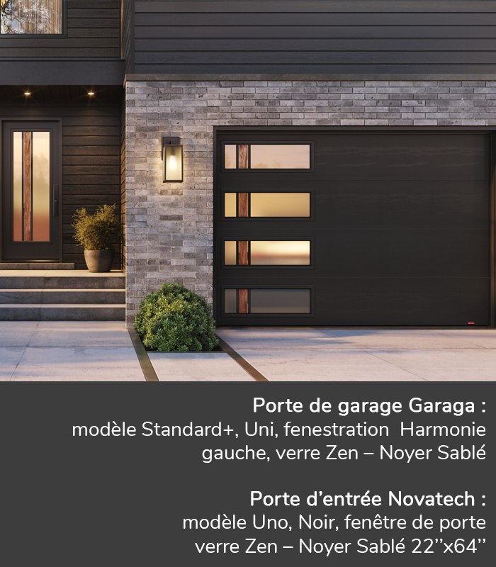 Portes de garage GARAGA | Standard+, Uni, 10’x7’, Noir, fenestration Harmonie gauche, verre Zen – Noyer Sablé | Porte d'entrée Novatech